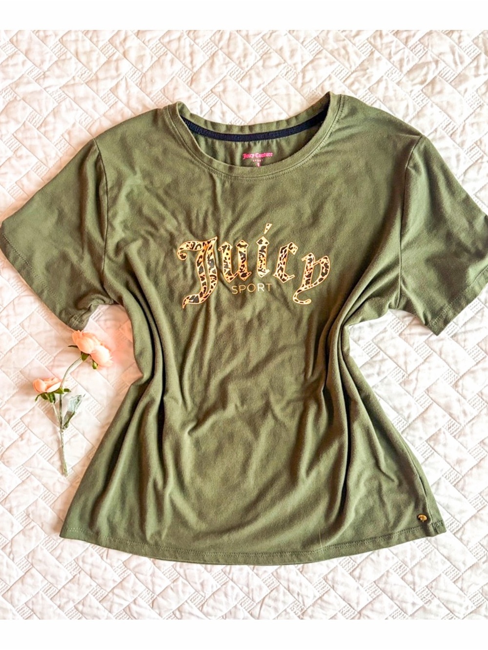 Juicy Couture Sport Leopard Logo Tee Olive Green Short Sleeve Top M